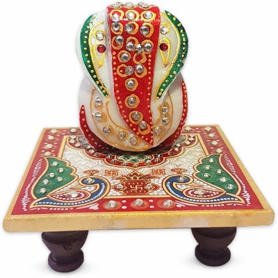 RCIMALL Siyaram Rajasthani Traditional Ganesh Ji Idol with Marble Chowki (4x4x4 in) Decorative Showpiece  -  10.16 cm(Marble, Multicolor)