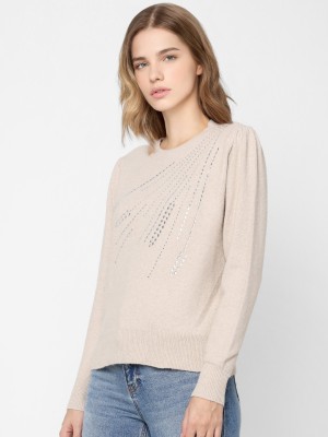 ONLY Embellished Round Neck Casual Women Beige Sweater