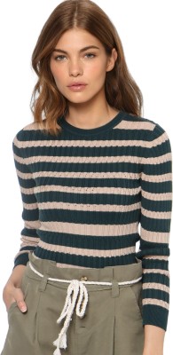 ONLY Striped Round Neck Casual Women Green, Beige Sweater