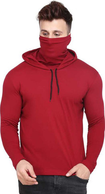 E L Solid Men Hooded Neck Red T-Shirt