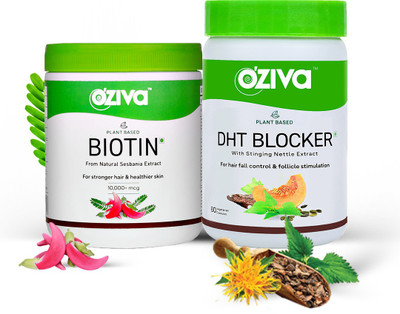 OZiva Hair Re-growth and Fall Reduction Routine (Plant Based Biotin + DHT Blocker)(2 x 30 Capsules)