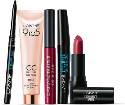 Lakmé Eyeconic Curling Mascara, Black, 9 ml+Eyeconic Kajal, Black, 0.35 g+Cushion Matte Lipstick, Red Wine, 4.5 g+Forever Matte Liquid Lip Colour, Red Sangria, 5.6 ml+9 to 5 Complexion Care Face Cream, Bronze 30 g