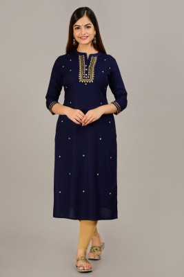 MF HAYAT Women Embroidered Straight Kurta(Blue)