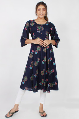 Vachaal Women Printed A-line Kurta(Dark Blue)