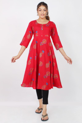 Vachaal Women Printed A-line Kurta(Red)