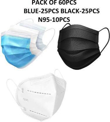 Wellstar Unisex Mask Nose Mask 60 Pcs ( 25 pcs Black + 25pcs Blue Surgical + 5 n95 Black ) Nose Pin Black Units With Nose Pin Disposable Iso Mark 3 Ply Pharmaceutical Breathable Surgical Pollution Face Mask Respirator with 3 Layer For Men, Women, Kids N95 5 Layer Reusable / Washable Anti - Pollution