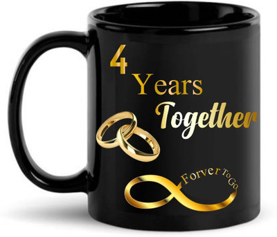 KANHACRAFTS Happy 4TH Year Together Forever To Go Printed Ceramic Coffee (325 ml) Ceramic Coffee Mug(325 ml)