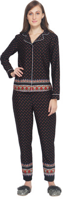TSM Women Printed Black Shirt & Pyjama set