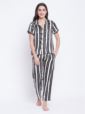 Clovia Women Striped Black, White Top & Pyjama Set