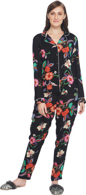 TSM Women Floral Print Black Shirt & Pyjama set