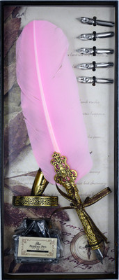 Levin Peacock Dip Feather Pen Set Calligraphy Pen Set Writing Quill Ink Dip Pen with 5PCs Nib, Pink Calligraphy(Ink Color - Pink)