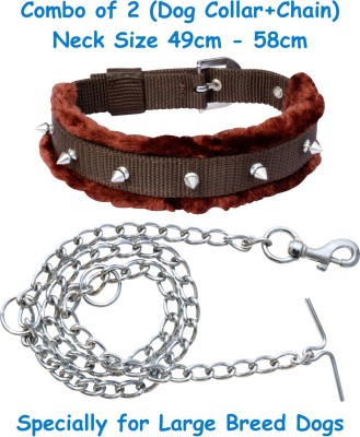 BODY BUILDING Dog Belt (Combo of 2) Padded Brown Fur Spike Dog Collar + Dog Chain Specially for Large Breeds Dog Collar & Chain(Large, Brown Fur Spike L)