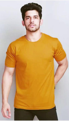 AMSHA Solid Men Round Neck Yellow T-Shirt