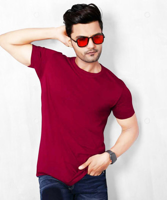 AMSHA Solid Men Round Neck Maroon T-Shirt