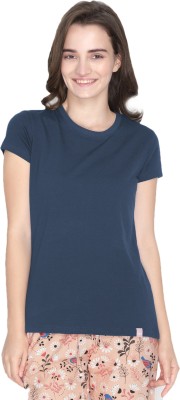 Lyra Solid Women Round Neck Dark Blue T-Shirt