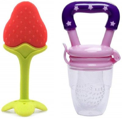 smilykid Silicone Strawberry Fruit Shape Teether with Baby Feeding Nibbler Teether(Multicolor)