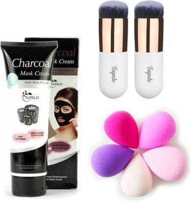 TUPELO combo pack of high quality 2 pcs foundation brushes/blusher brush + one charcoal mask cream anti black head oil control anti head mask cream (130ml) + set of 5 Beauty blender puff sponge for women(8 Items in the set)