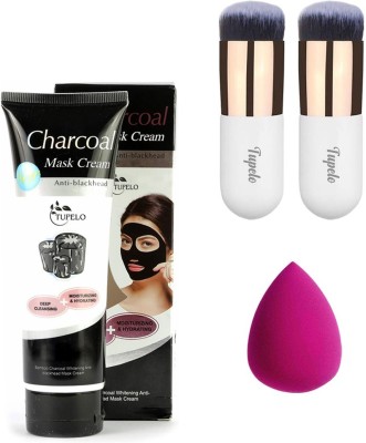 TUPELO combo pack of high quality 2 pcs foundation brushes/blusher brush + one charcoal mask cream anti black head oil control anti head mask cream (130ml) + one Beauty blender puff sponge for women(4 Items in the set)