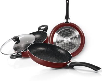 MILTON Pro Cook New Granito My Kitchen Set of 3, (Tawa 28 cm, Fry Pan 24 cm and Kadhai 24 cm with Glass Lid) Induction Bottom Non-Stick Coated Cookware Set