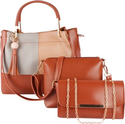 Carly Fashions Women Tan Handbag(Pack of: 3)