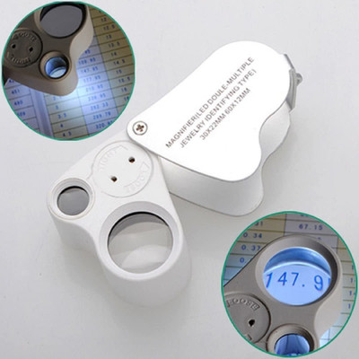 uptodatetools 30X 60X Double-Multiple Glass Jeweler Jeweler's Jewelry Magnifier Magnifying Double Loupe Loop with LED Light 30X 60X Glass Jeweler Jeweler's Jewelry Magnifier Magnifying(White)