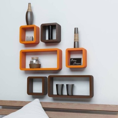 OnlineCraft wooden wall decor Wooden Wall Shelf(Number of Shelves - 6, Brown, Orange, Multicolor)