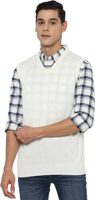 Allen Solly Checkered V Neck Casual Men White Sweater