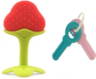 GREST Silicone Strawberry Fruit Shape Teether with Key Teether For Babies Teether(Multicolor)