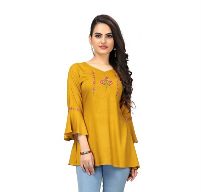 HAPPYFAB Casual Embroidered Women Yellow Top