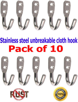 VicTac pack of 10 Stainless Steel Unbreakable J Type Bathroom Door Wall Hooks Cloth Hanger for Hanging Keys, Clothes ,Robe hook 50kg Capacity Hook 1(Pack of 10)