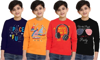 Jingo Boys Printed Cotton Blend Regular T Shirt(Black, Pack of 4)