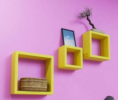 AN Craft square floating wall mount self display Rack -set of 3 MDF (Medium Density Fiber) Wall Shelf(Number of Shelves - 3, Yellow)