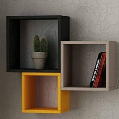 AN Craft Wall Shelf Square Shape Shelves MDF Set of 3 living room, bed room, wall decorative beautiful design, wall mounted, wall floating, wall hanging, Antique shelves MDF MDF (Medium Density Fiber) Wall Shelf(Number of Shelves - 3, Black, Yellow, Grey)