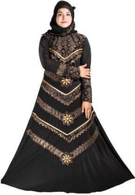 VIZARD Polyester Self Design Abaya With Hijab(Black)