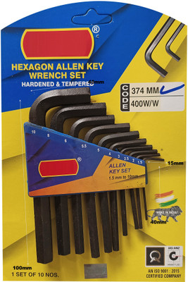 DUMDAAR Heavy duty 10 Pcs Hex Allen Key Wrench L Shape Repair Tool Set Allen Key Set