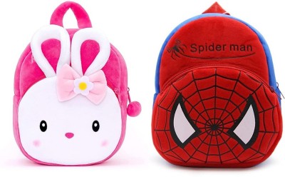 AGS MART School Bag Soft Plush Backpack KONGGI RABBIT AND SPIDERMAN Cartoon Bags Combo Mini Travel Bag for for Girls Boys Toddler Baby (Pack of 2) Waterproof School Bag(Pink, Red, Blue, 11 L)