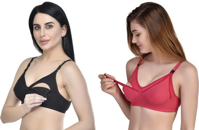 Desiprime B Cup Poly Cotton Feeding Bra Set of 2 Women Maternity/Nursing Non Padded Bra(Black, Red)