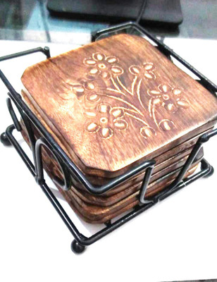 Jainu Crafts Square Reversible Wood Coaster Set(Pack of 7)