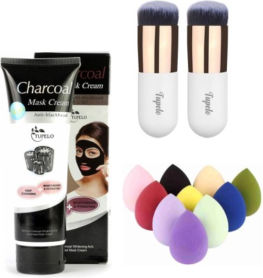 TUPELO combo pack of high quality 2 pcs foundation brushes/blusher brush + one charcoal mask cream anti black head oil control anti head mask cream (130ml) + set of 10 Beauty blender puff sponge for women(13 Items in the set)