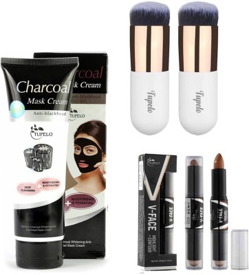TUPELO Combo pack of high quality 2 pcs foundation brushes/blusher brush + one charcoal mask cream anti black head oil control anti head mask cream (130ml) + one high quality V face highlighter + contour concealer hilary (multi,2.4g) for women(4 Items in the set)