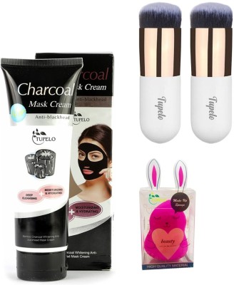 TUPELO Combo pack of high quality 2 pcs foundation brushes/blusher brush + one charcoal mask cream anti black head oil control anti head mask cream (130ml) + one original Beauty blender puff sponge for women(3 Items in the set)