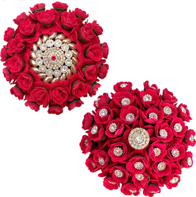 MX WOMEN HAIR STYLE Artificial Red Flower Juda Accessories Awesome Look For Women And Girls With Stone Work Juda For Festives Designer Stone Bridal Wedding Extension (Combo Pack) Hair Extension