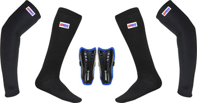 DENOVO Ultimate Protection (One Pair Large Shin Guard + One Pair Lycra Plain Knee Length Football Socks + One Pair UV Protection Arm Sleeves) Football Kit