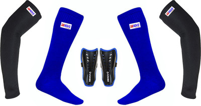 DENOVO Ultimate Protection (One Pair Large Shin Guard + One Pair Lycra Plain Knee Length Football Socks + One Pair UV Protection Arm Sleeves) Football Kit