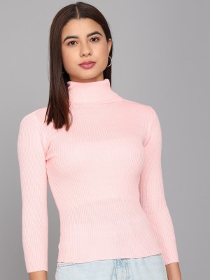 TANDUL Striped High Neck Casual Women Pink Sweater