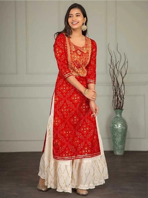 Geeta Fashion Women Embellished Anarkali Kurta(Red)