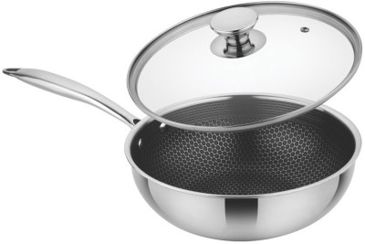 PRABHA Induction Base Non Stick Fry pan, Frying pan frypan, Cookware Wok With Glass Lid Wok with Lid 1.8 L capacity 22 cm diameter(Stainless Steel, Non-stick, Induction Bottom)