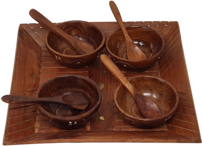 DESI KARIGAR Handicrafts Designed Brown 1 Tray With 4 Bowls Wood Carvings Tray, Bowl Serving Set(Pack of 5)