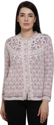 chatanya Floral Print Round Neck Casual Women White Sweater