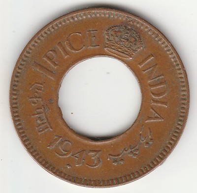 Sansuka British India George VI Rare Small (1943 AD) Hole Pice - 2g - 21.32 mm -KM 532 Modern Coin Collection(1 Coins)